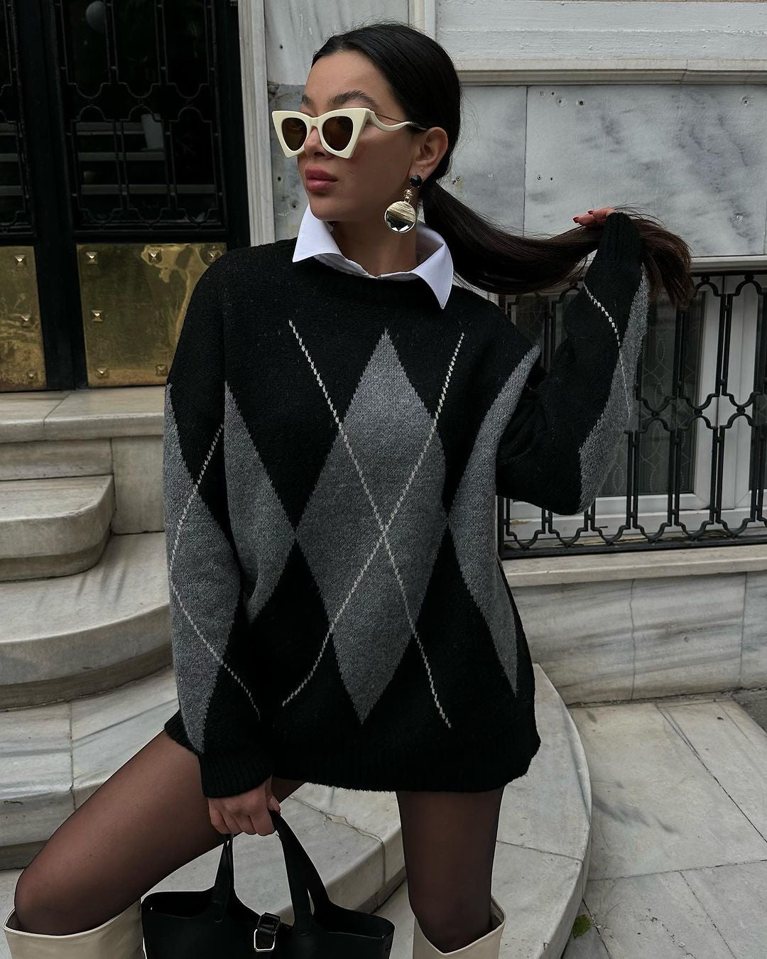 Diamond pattern sweater.