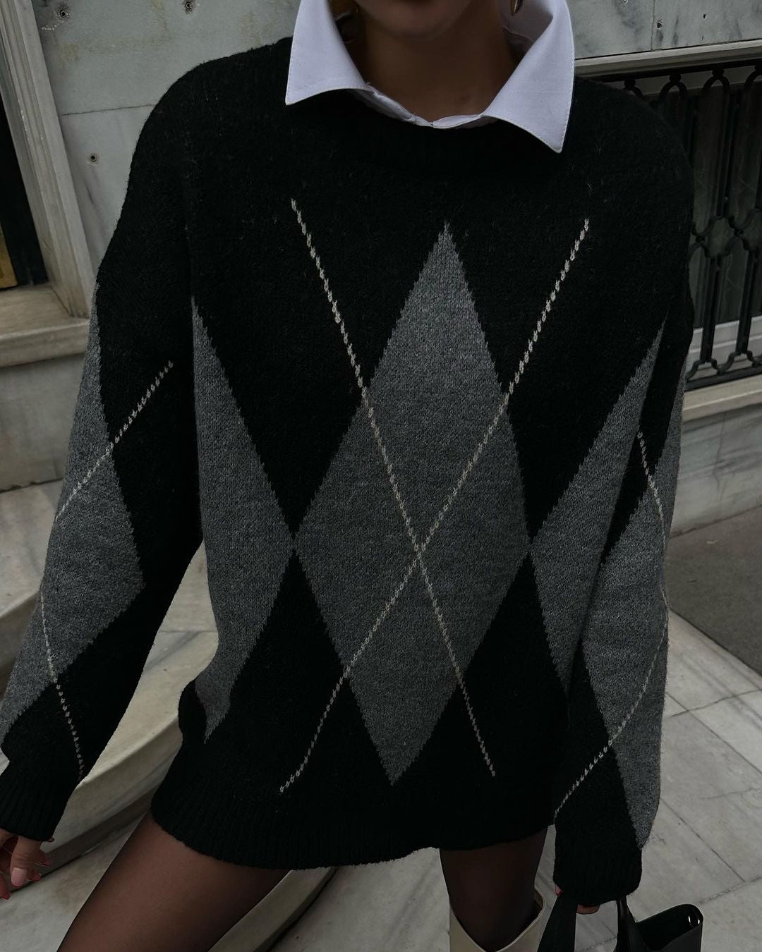 Diamond pattern sweater.