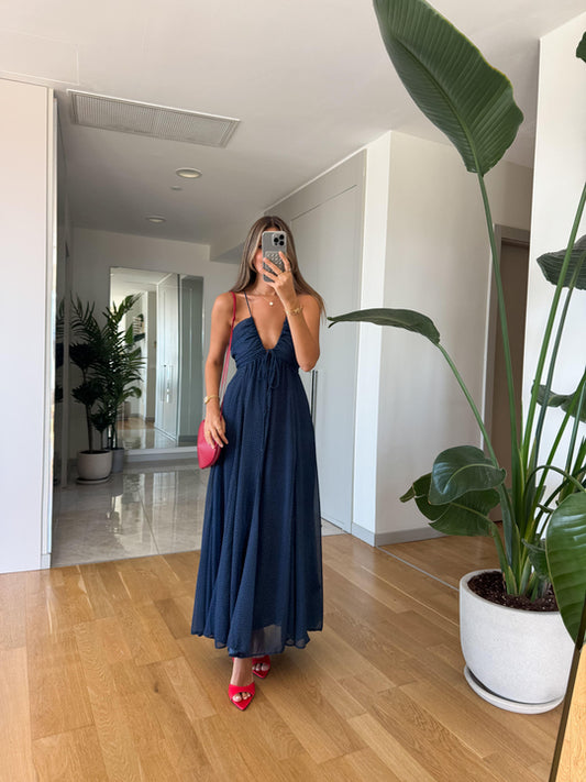 Navy blue Polka Dot strap chiffon dress