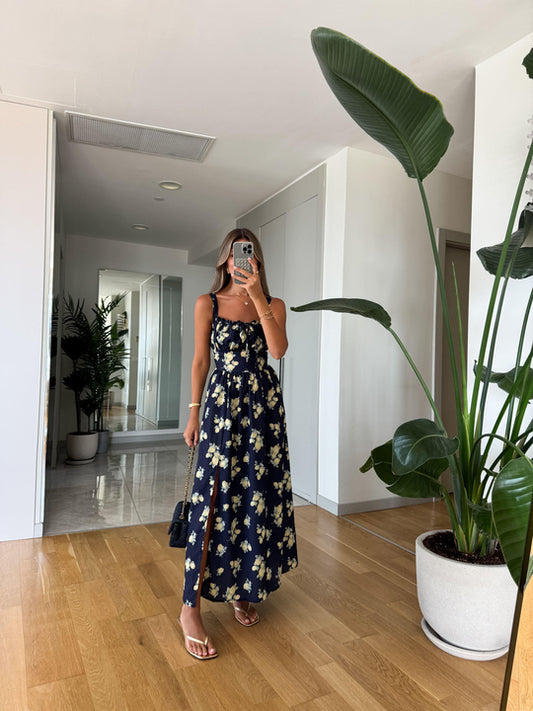 Navy blue lemon printed dress