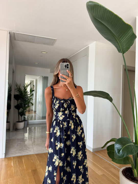 Navy blue lemon printed dress