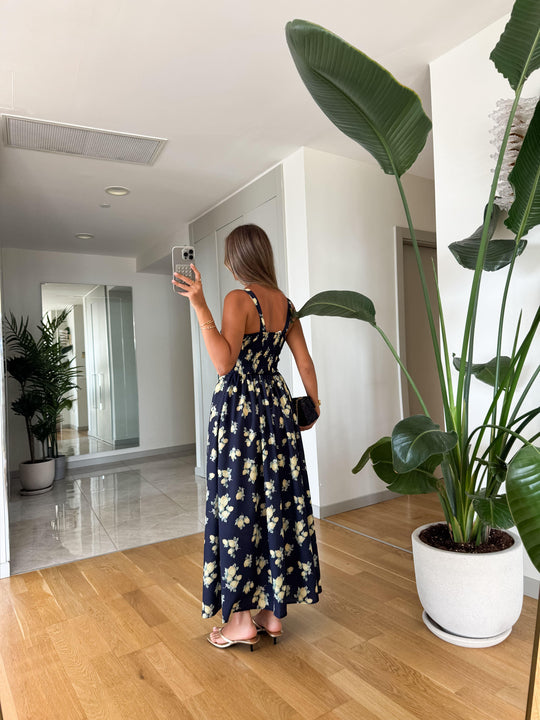 Navy blue lemon printed dress