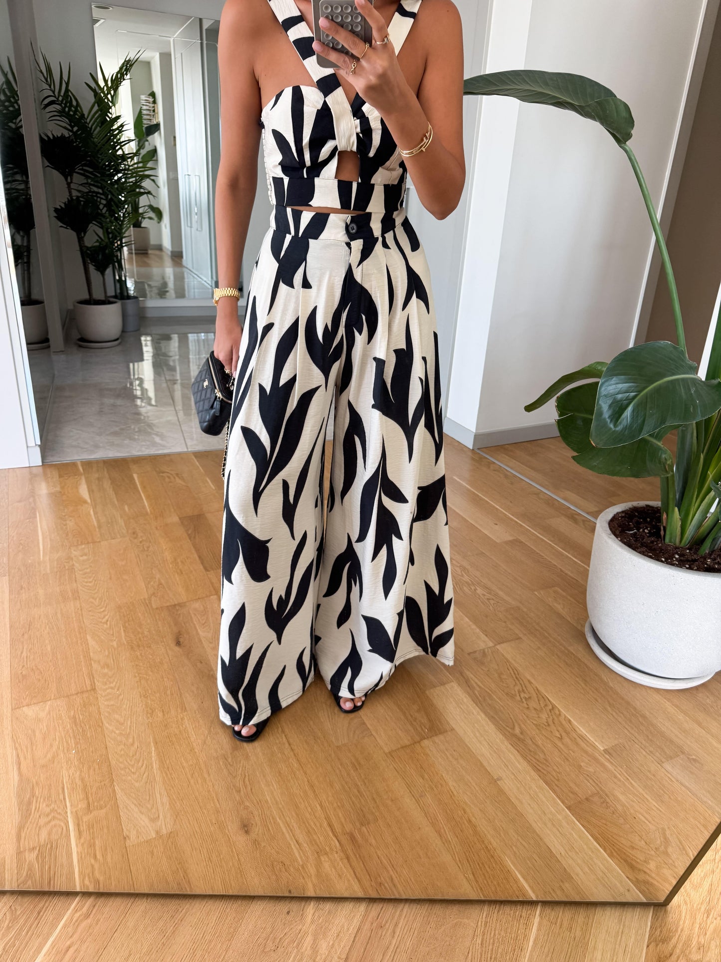 Ecru black patterned trousers and blouse set