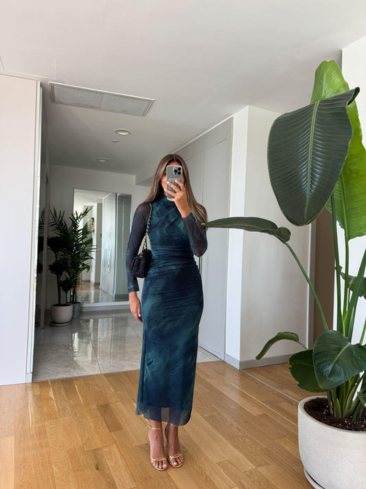 Green patterned gathered detail dress