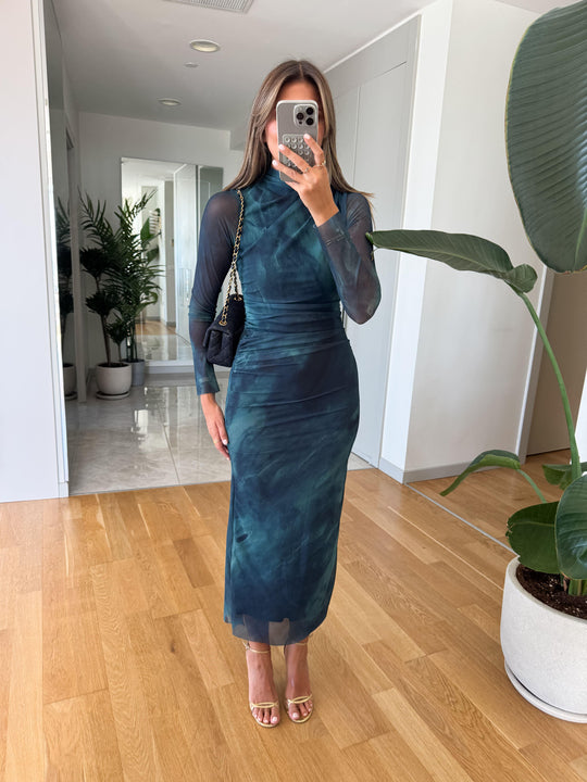 Green patterned gathered detail dress