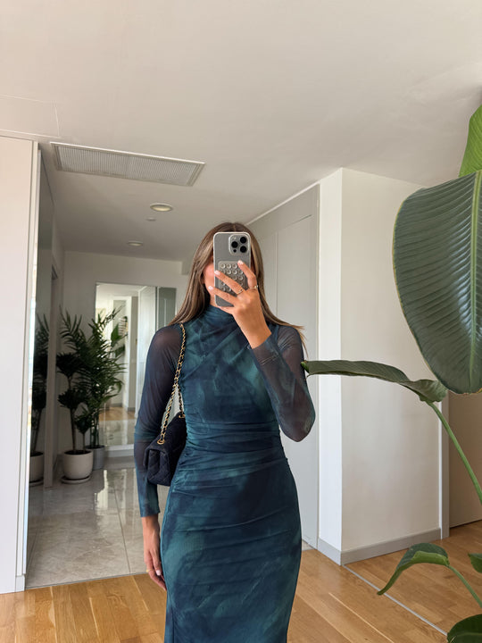 Green patterned gathered detail dress