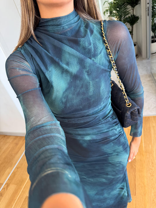 Green patterned gathered detail dress