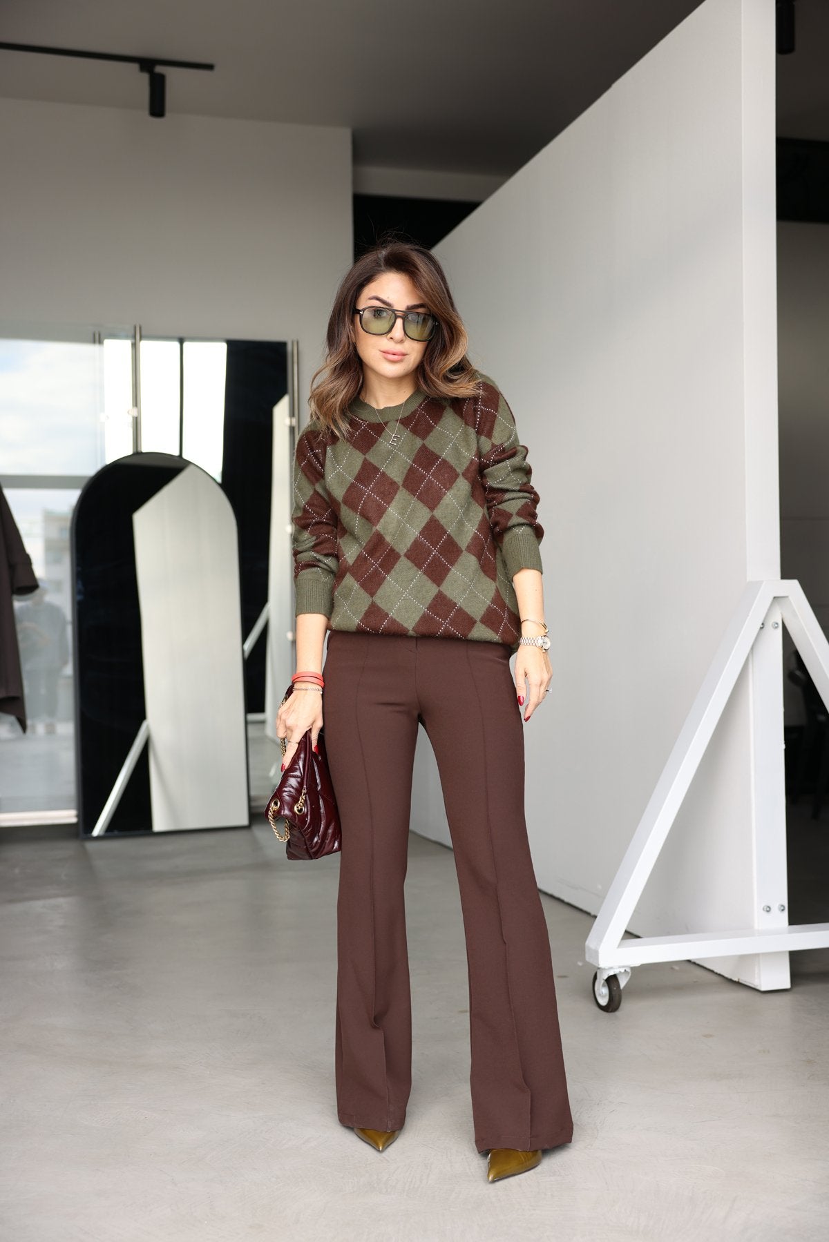 Brown green diamond patterned sweater