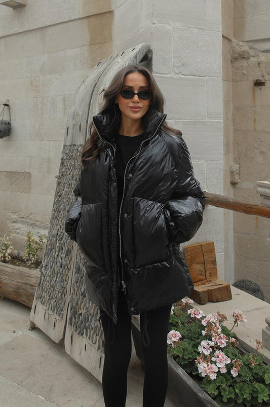 Zippered and snap-front puffer jacket