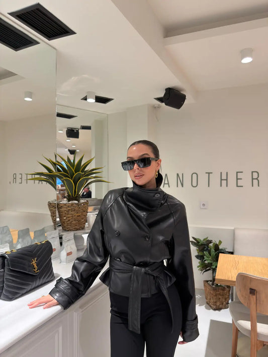 High-collar belted leather jacket