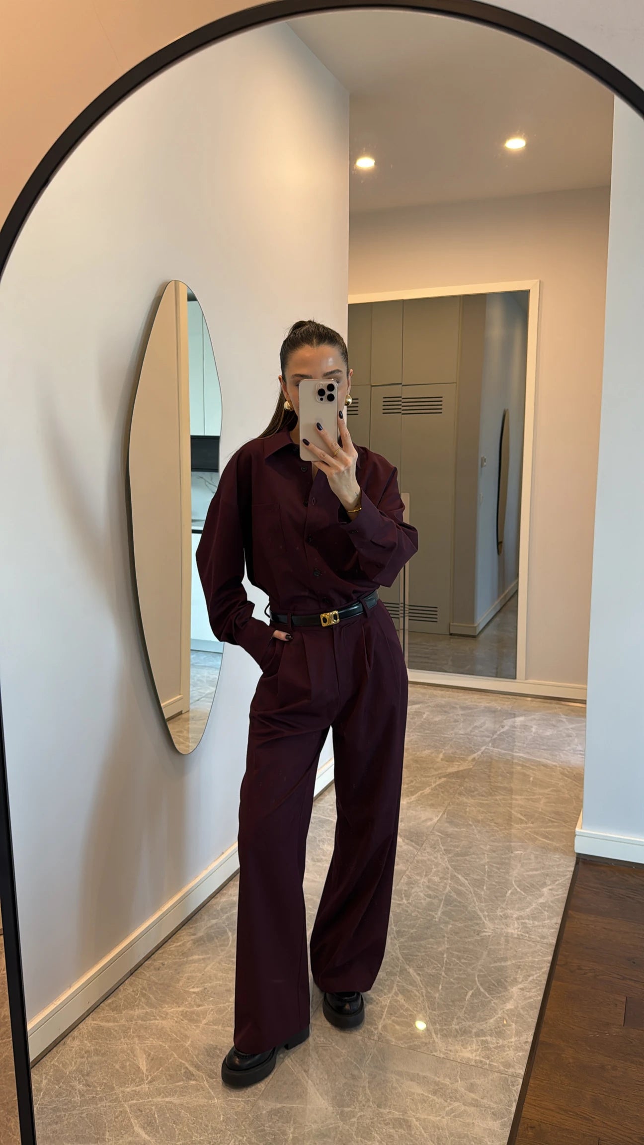 Plum double shirt and palazzo pants set