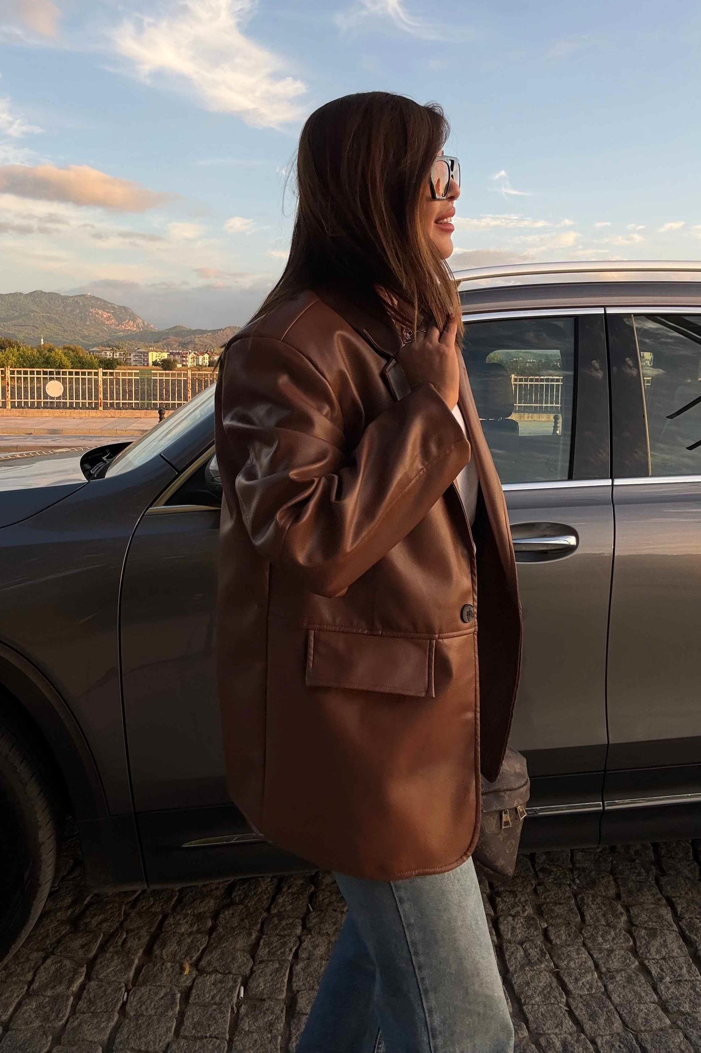 Tan leather blazer jacket
