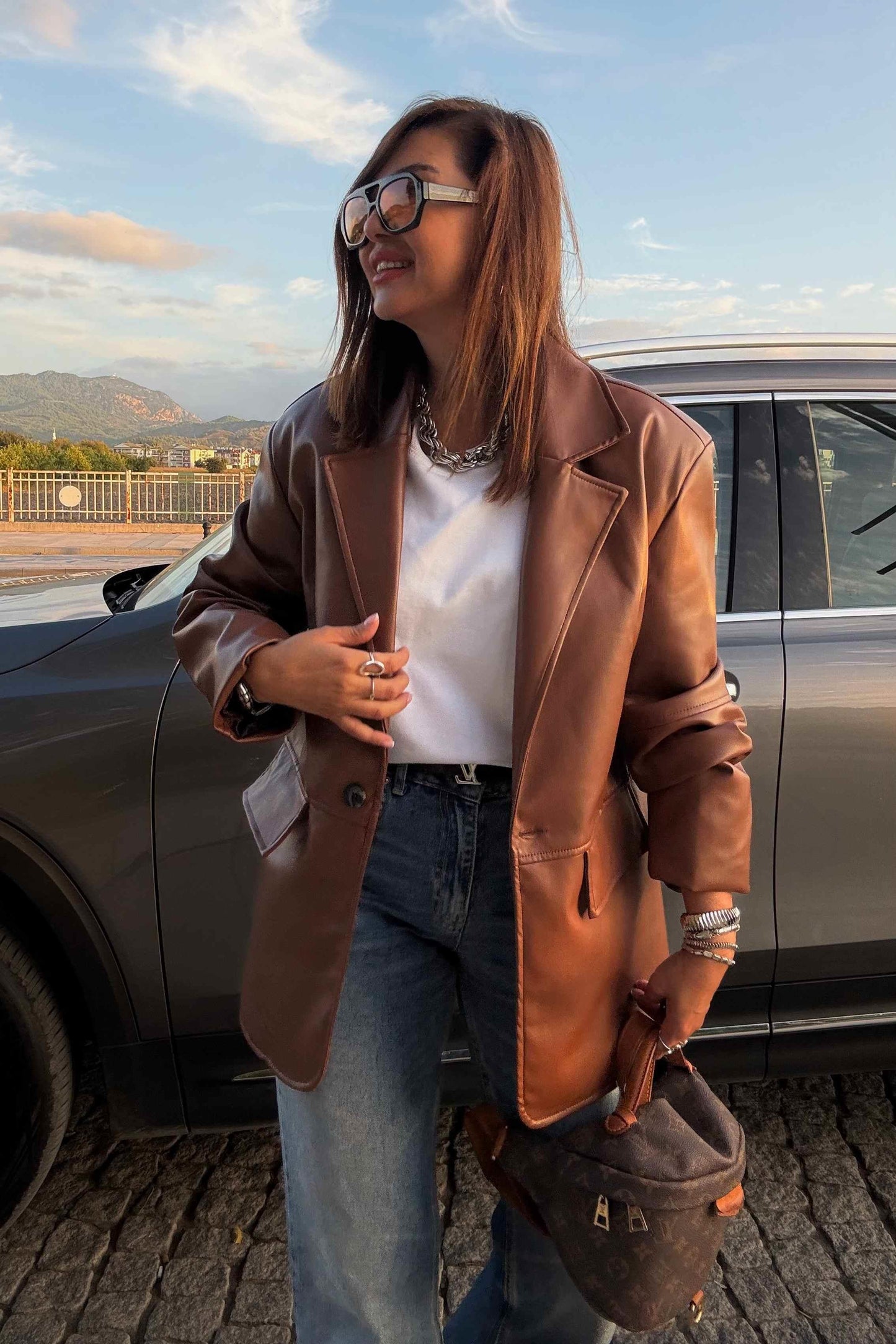 Tan leather blazer jacket
