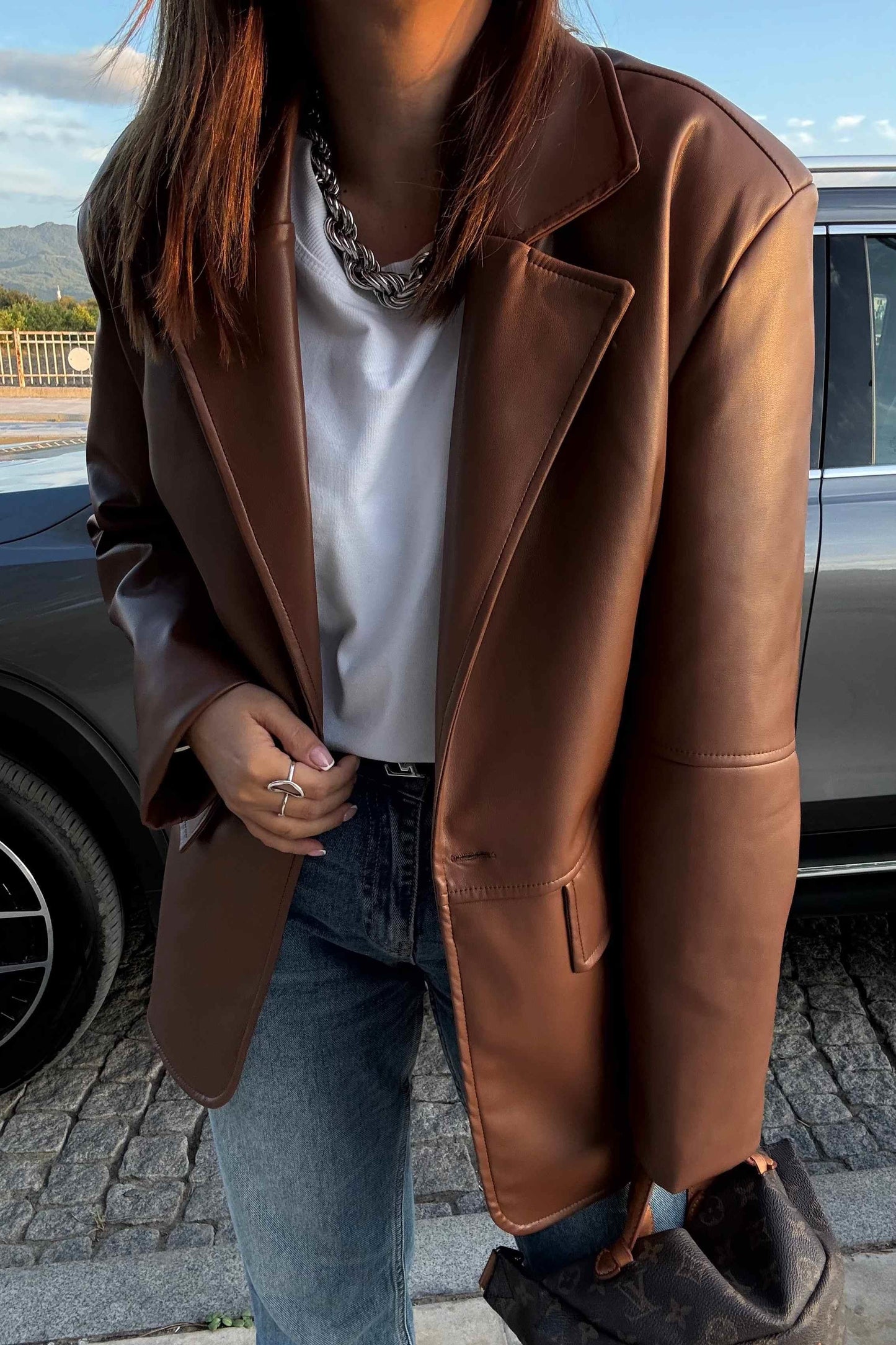 Tan leather blazer jacket