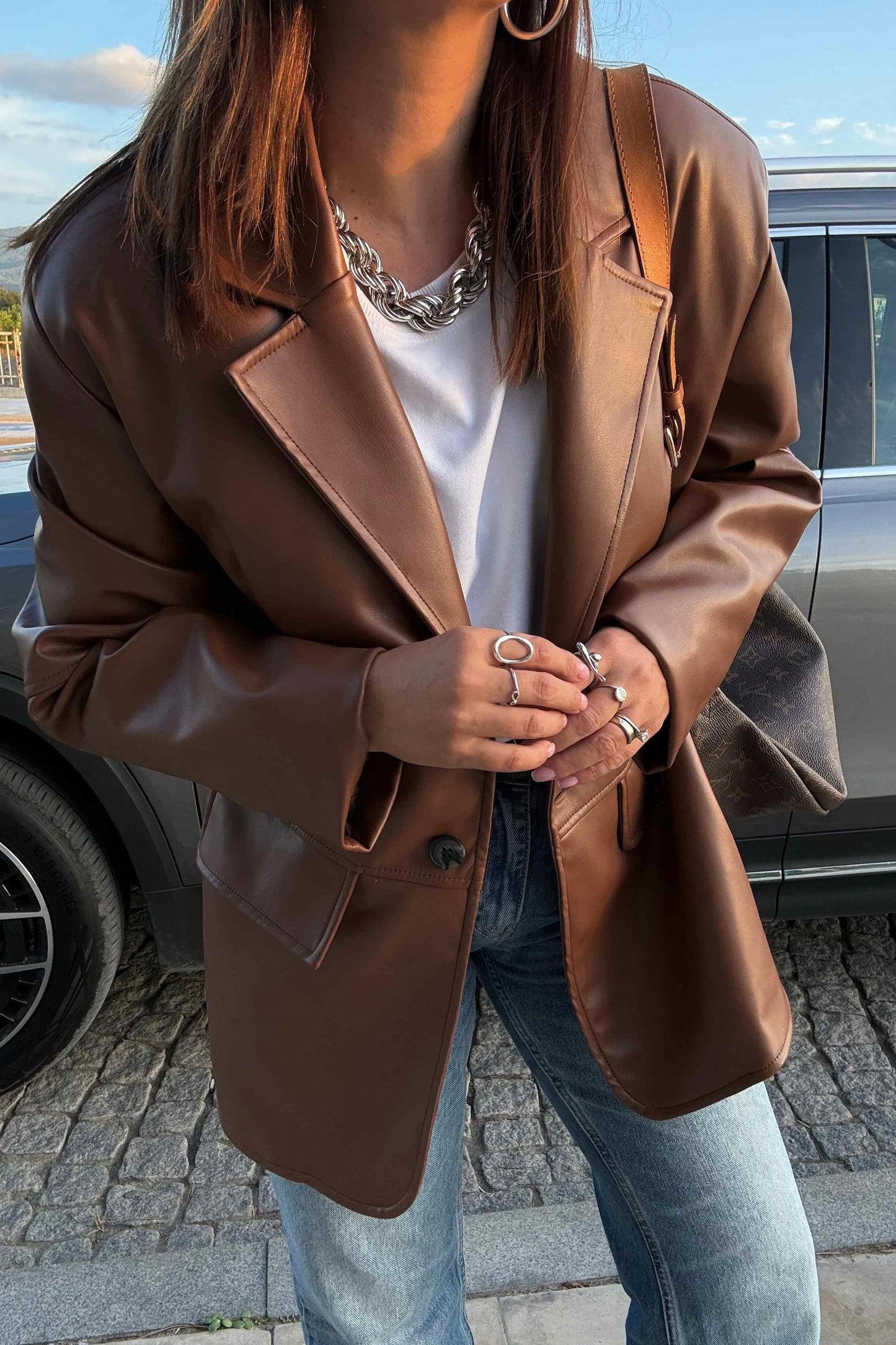 Tan leather blazer jacket