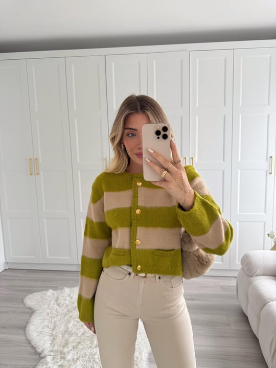 Beige raised striped cardigan