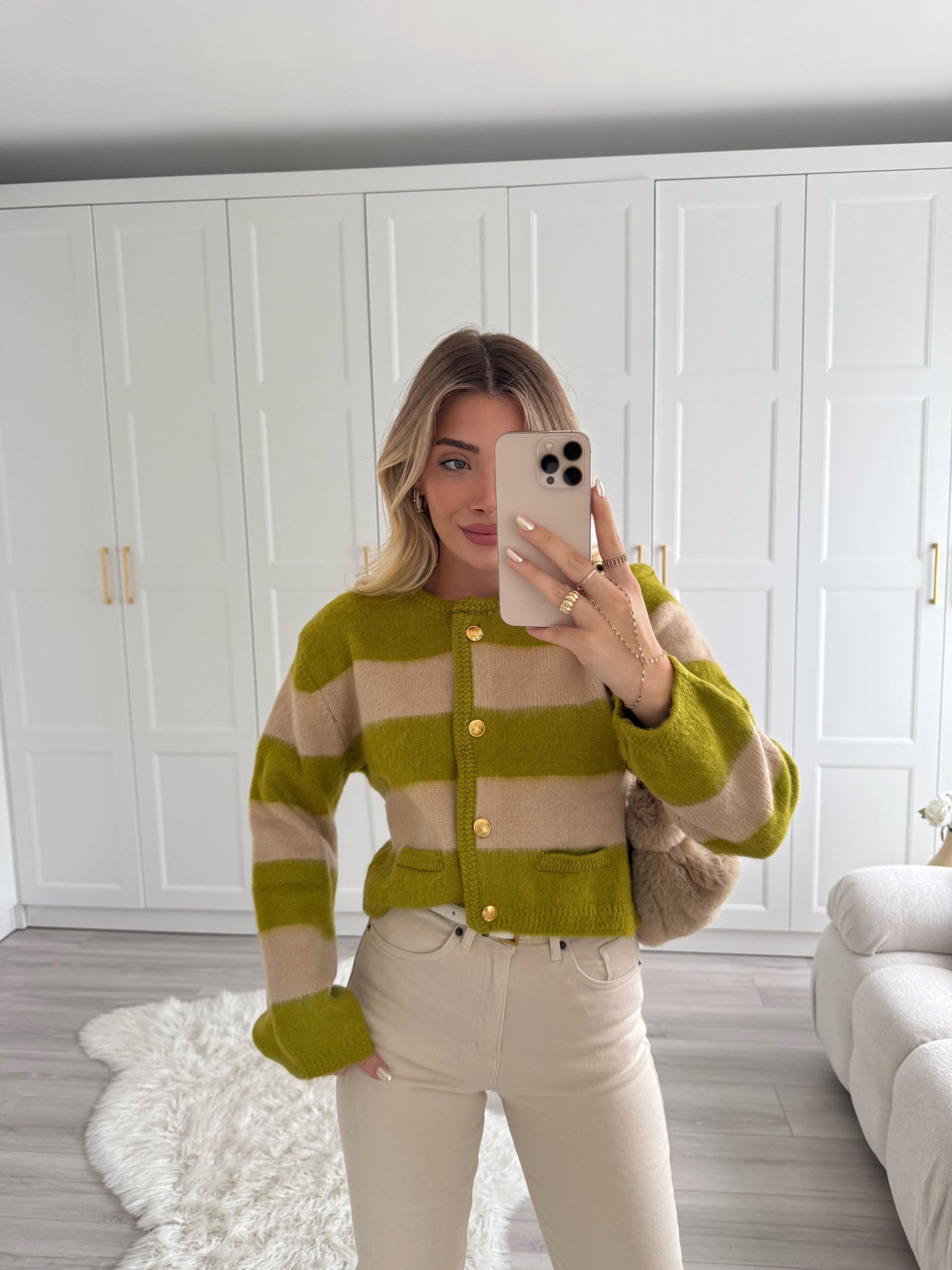 Beige raised striped cardigan