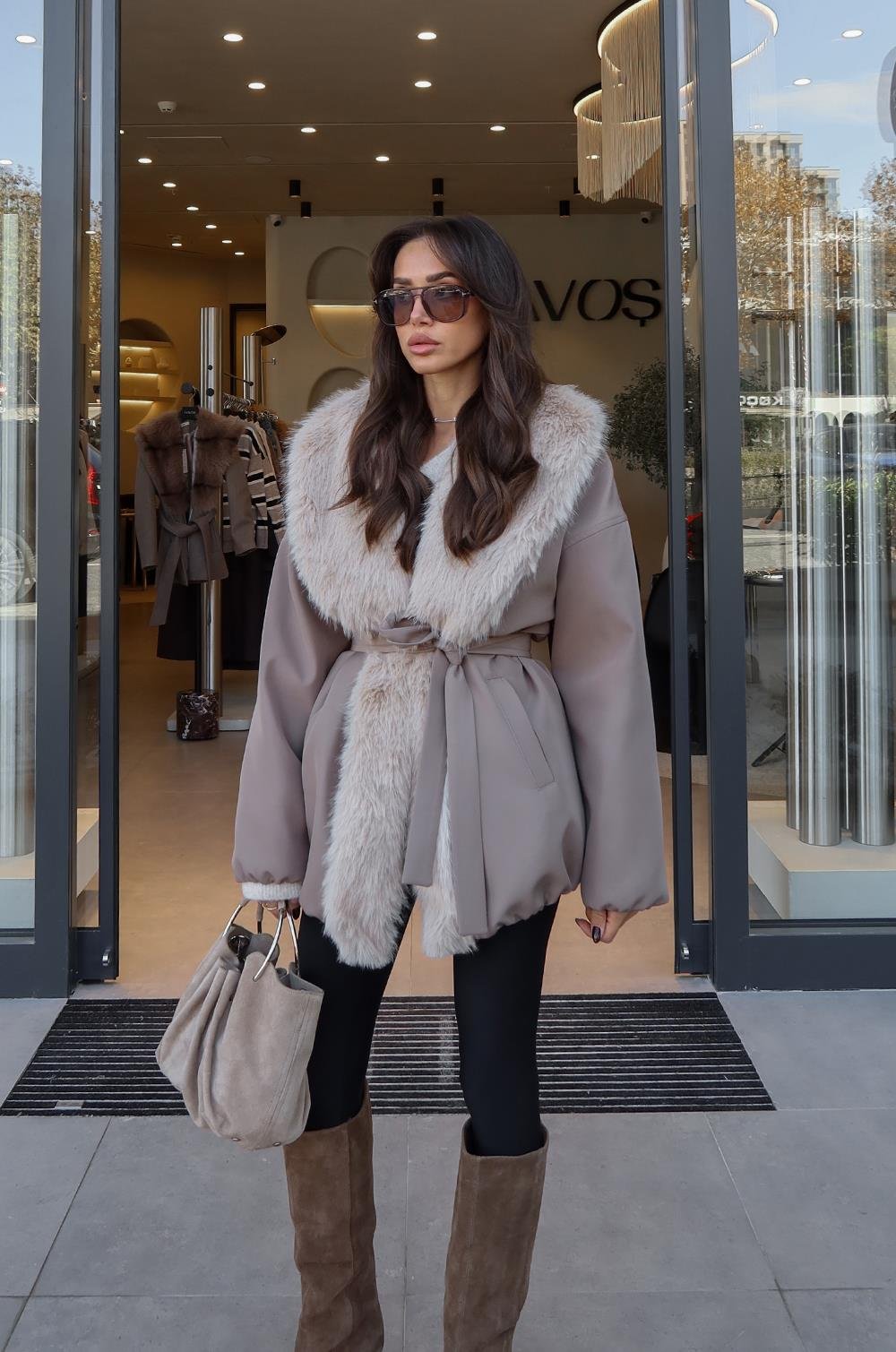 Beige buff collar fur belted coat