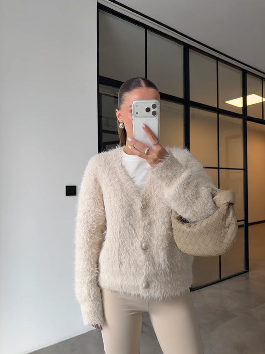 Plush cardigan with pearl buttons