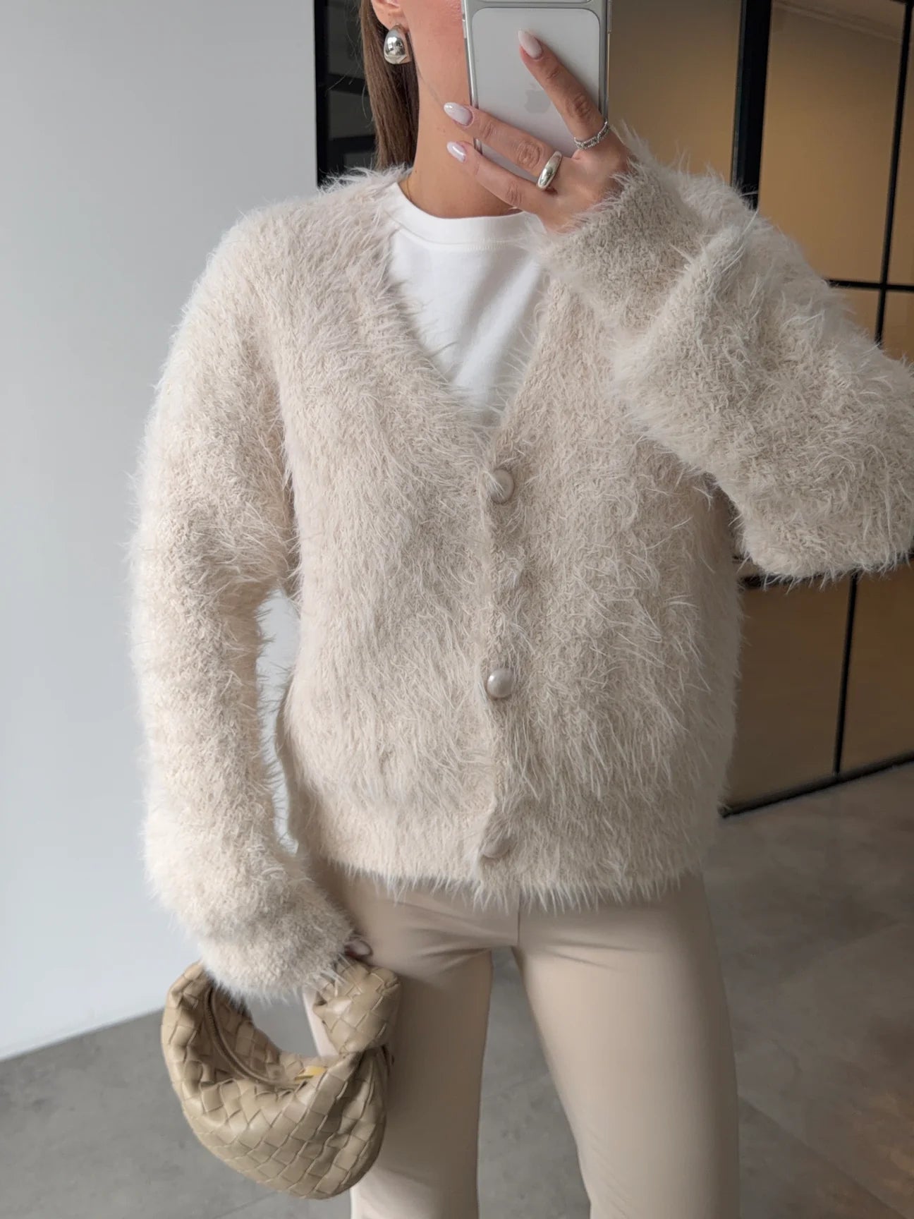 Plush cardigan with pearl buttons