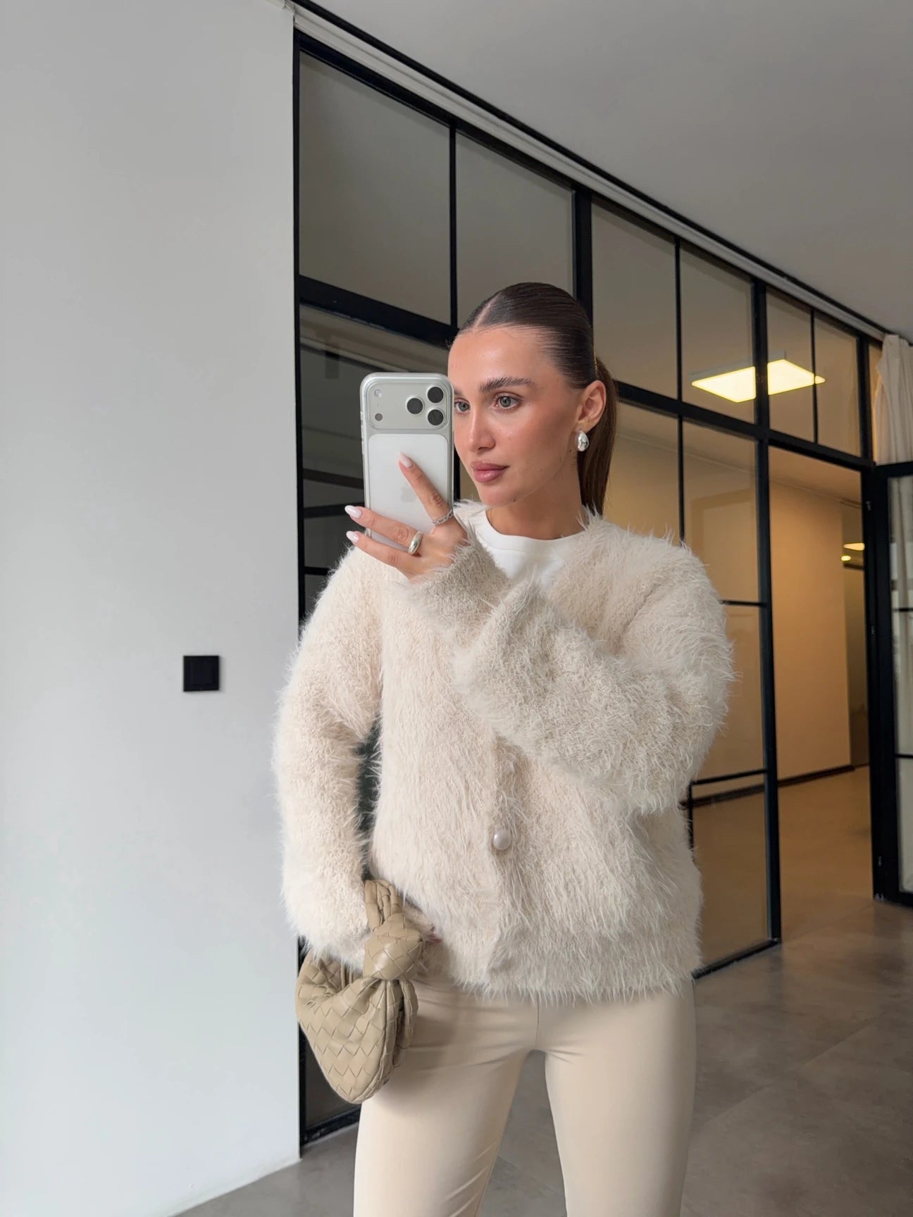 Plush cardigan with pearl buttons