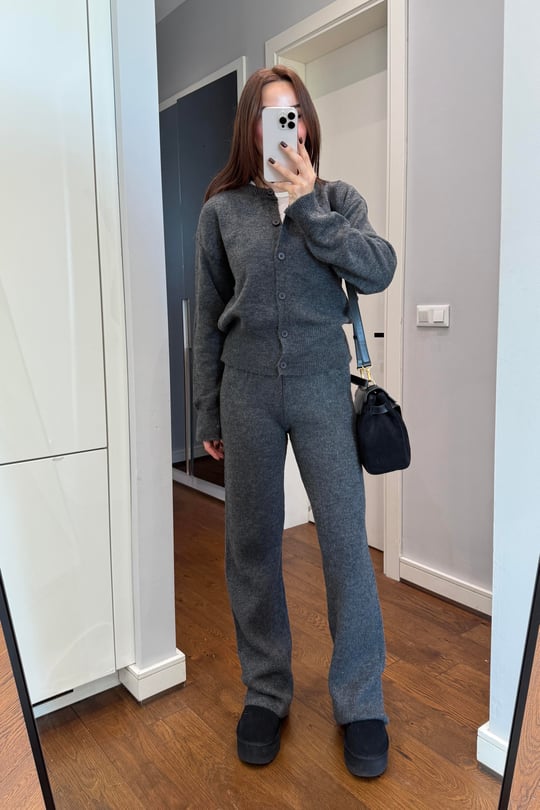 Crew neck buttoned cardigan and trousers set