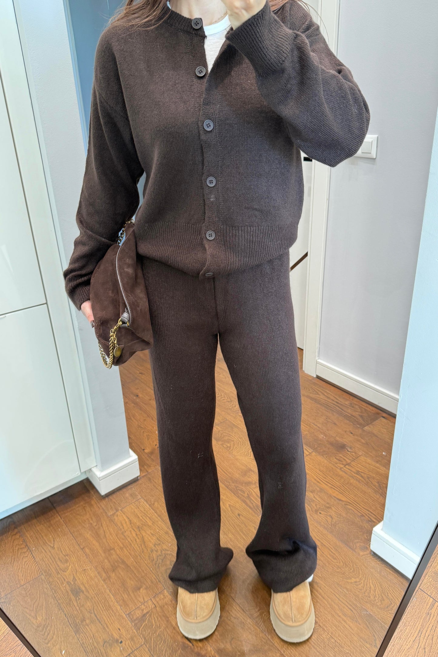 Crew neck buttoned cardigan and trousers set