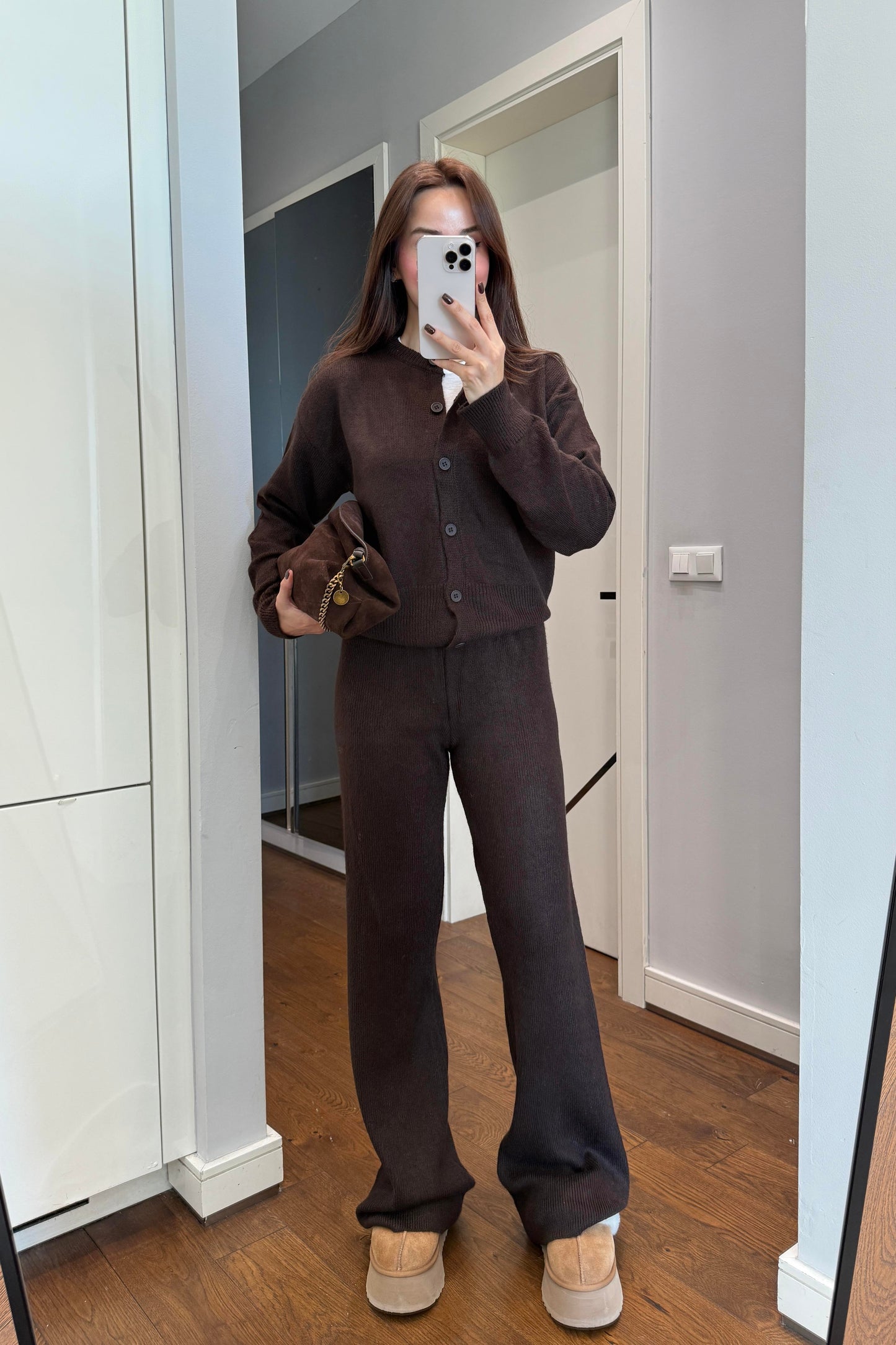 Crew neck buttoned cardigan and trousers set