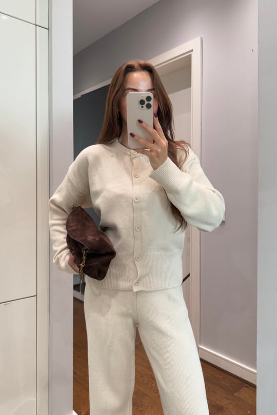 Crew neck buttoned cardigan and trousers set