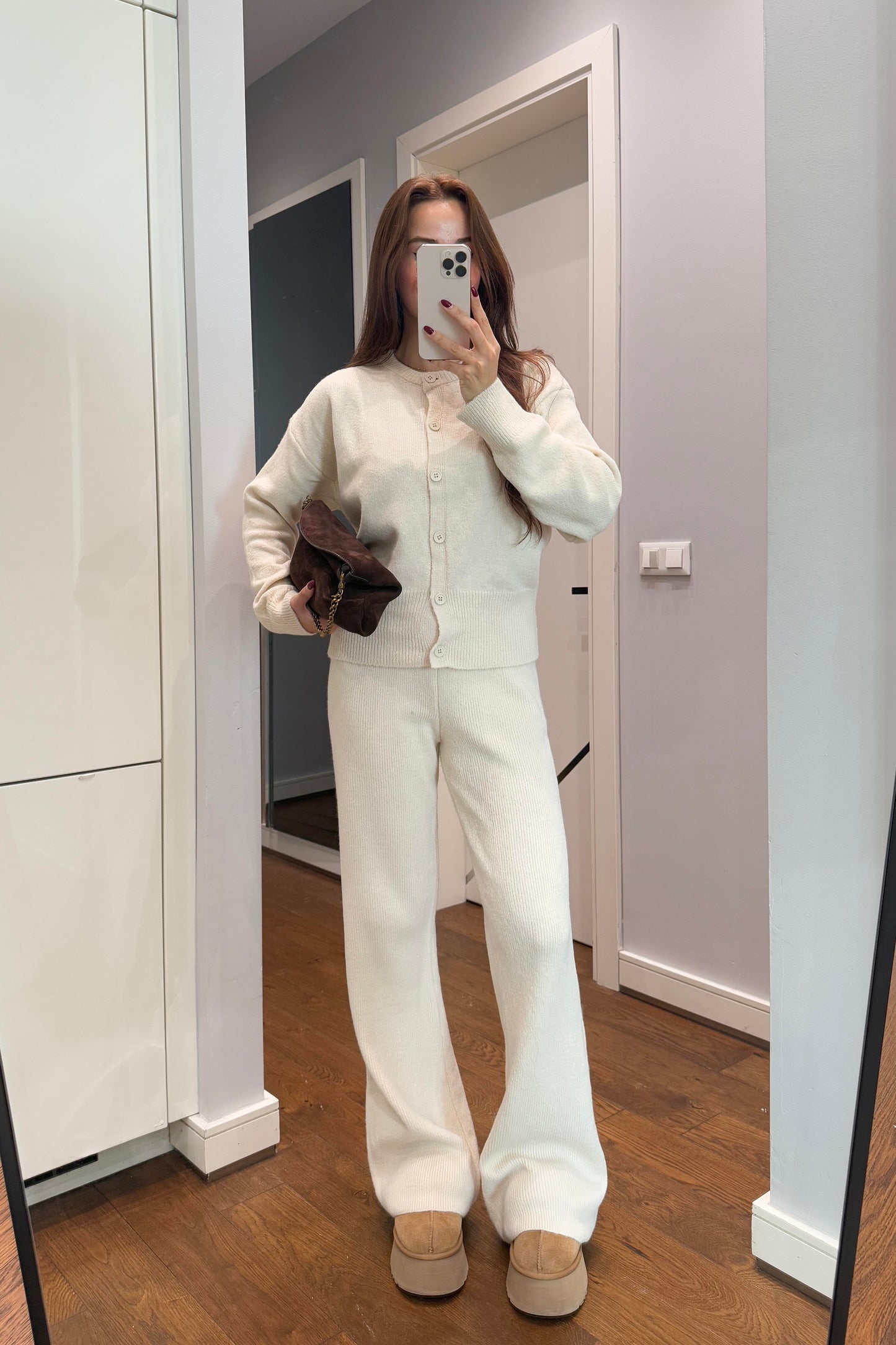 Crew neck buttoned cardigan and trousers set