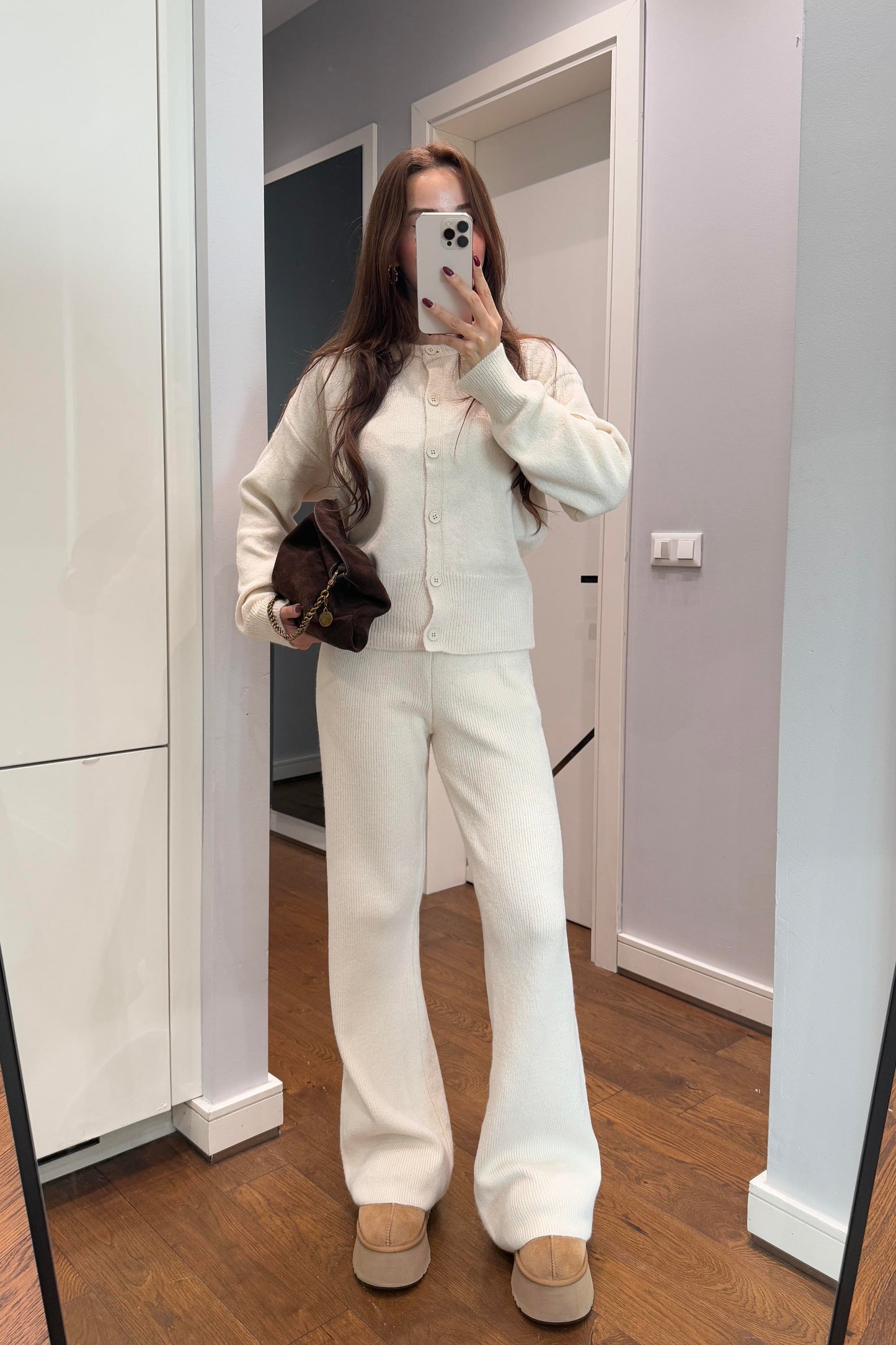 Crew neck buttoned cardigan and trousers set