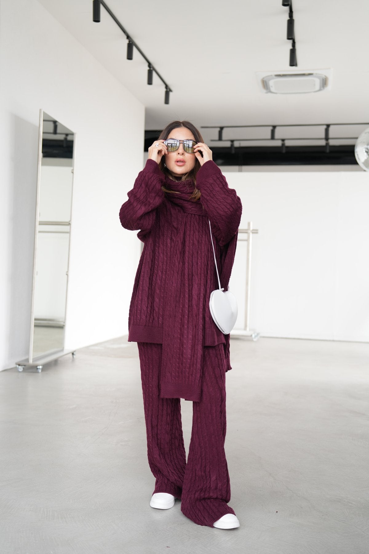 Hair knit shawl and trouser suit