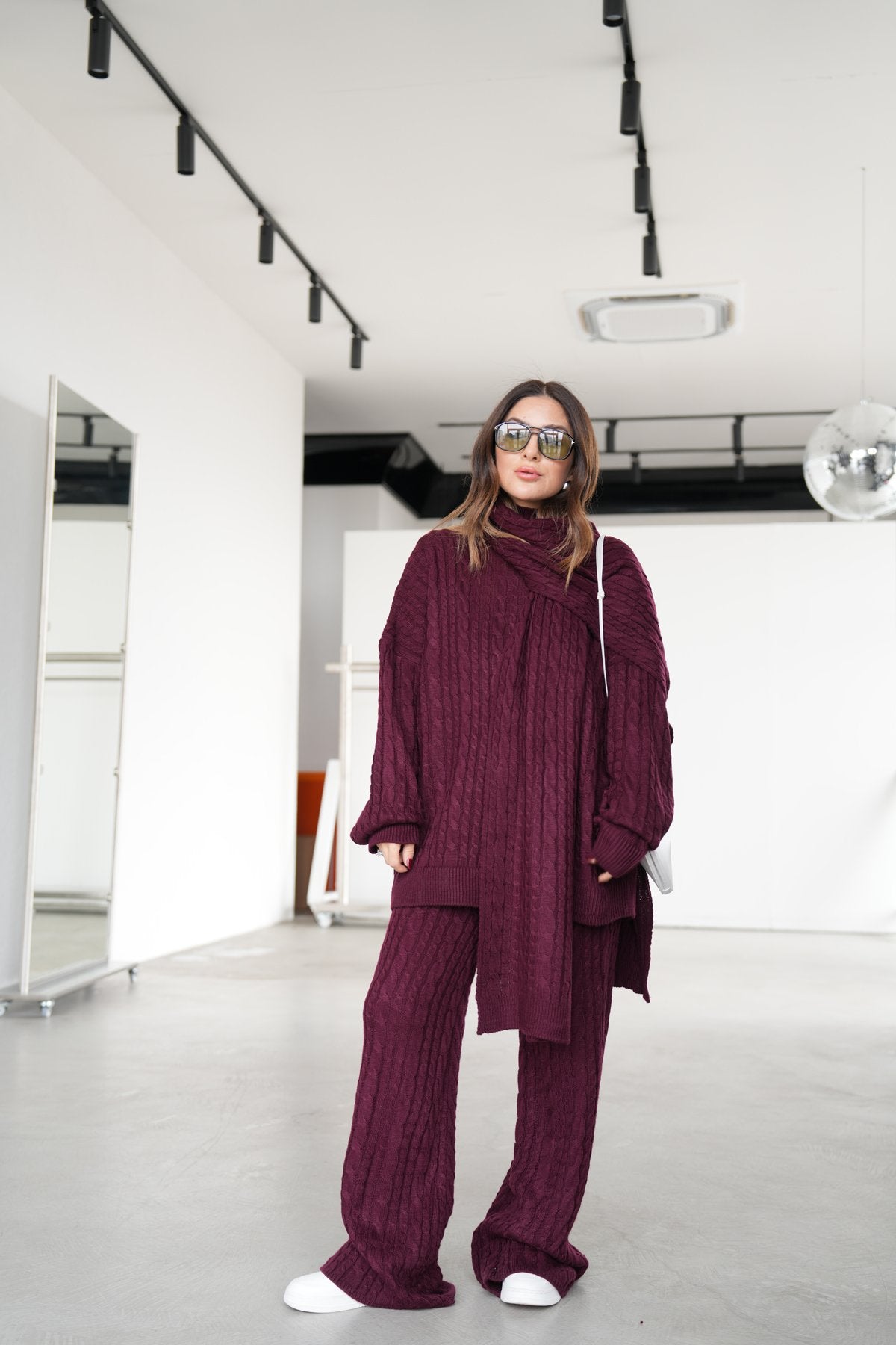 Hair knit shawl and trouser suit