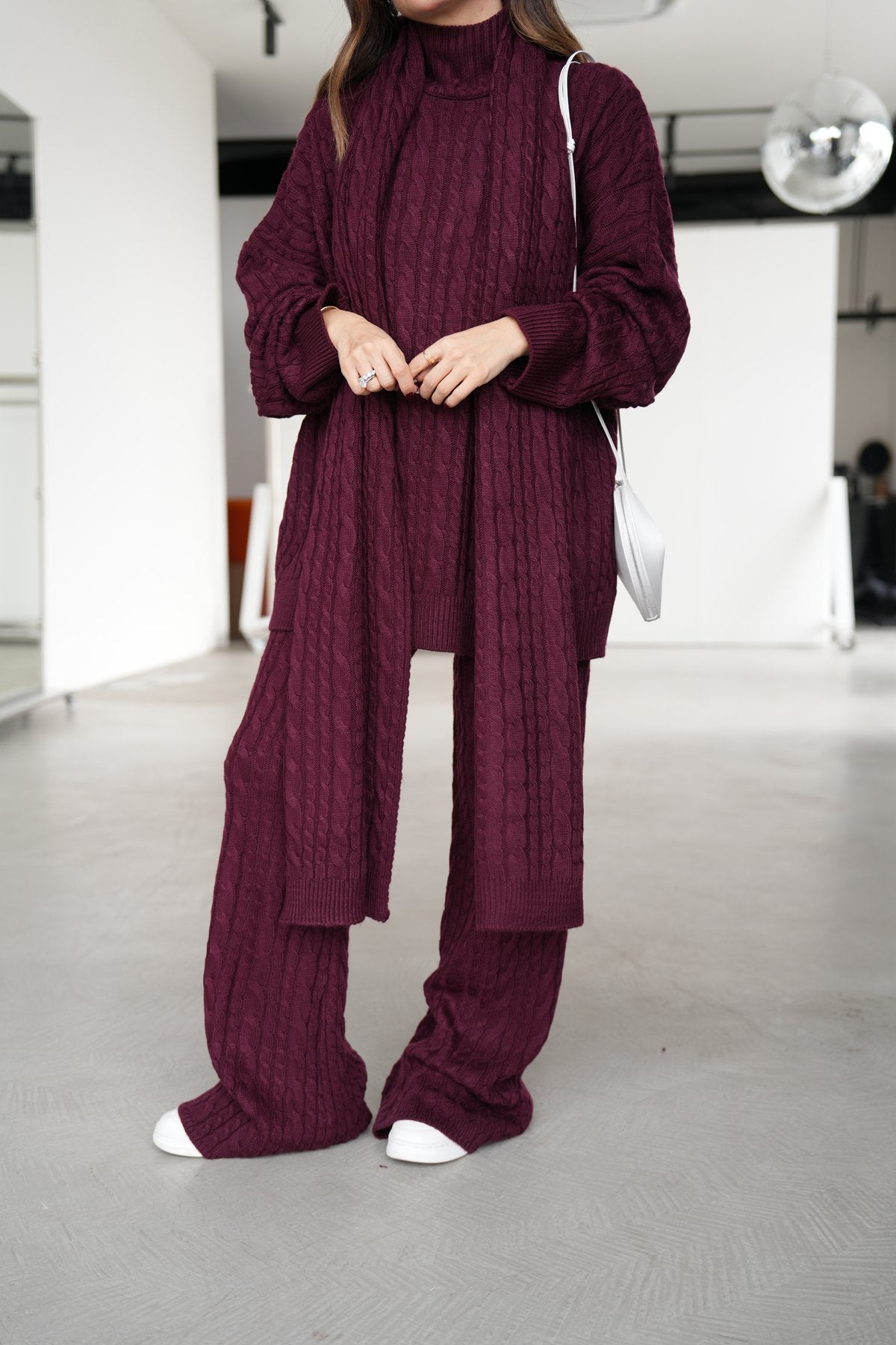 Hair knit shawl and trouser suit