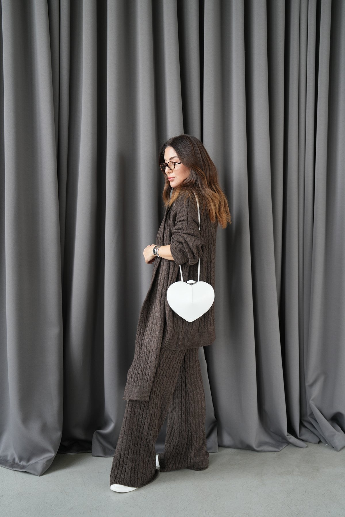 Hair knit shawl and trouser suit