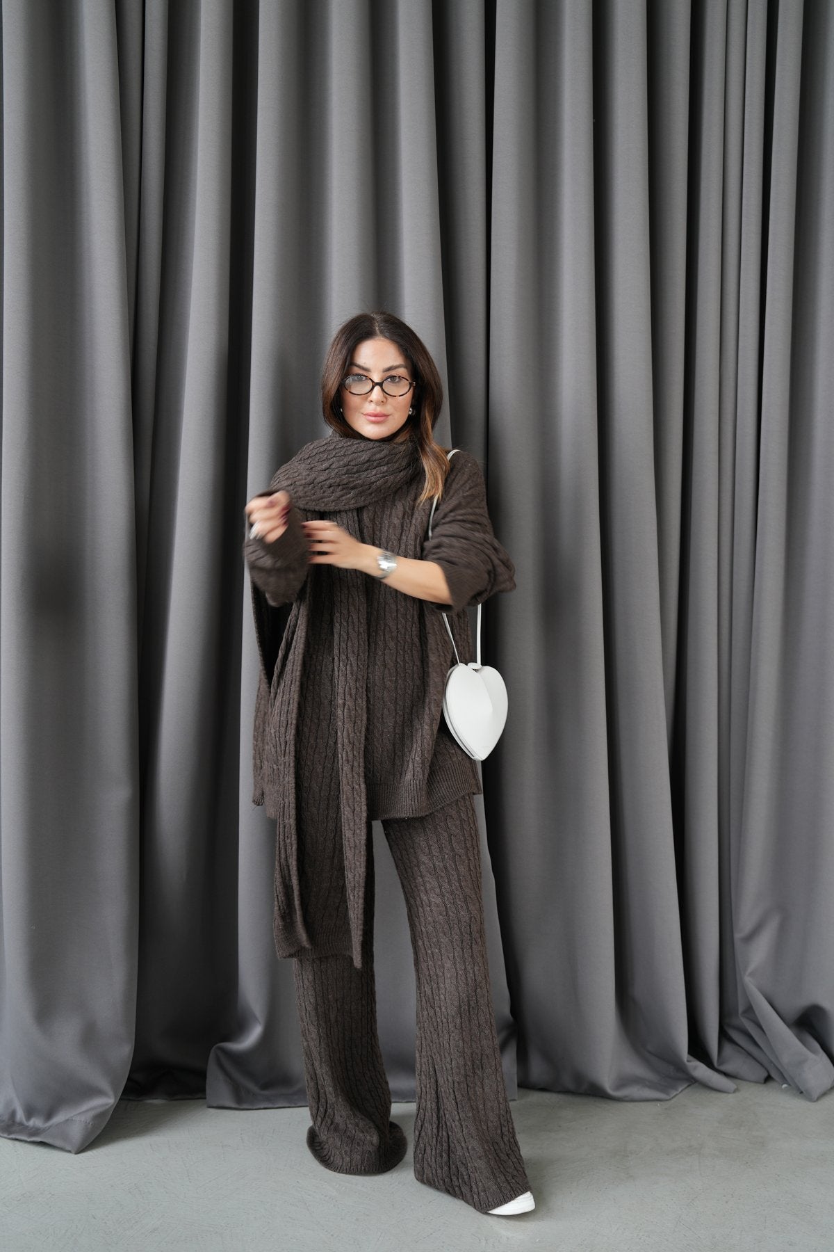 Hair knit shawl and trouser suit